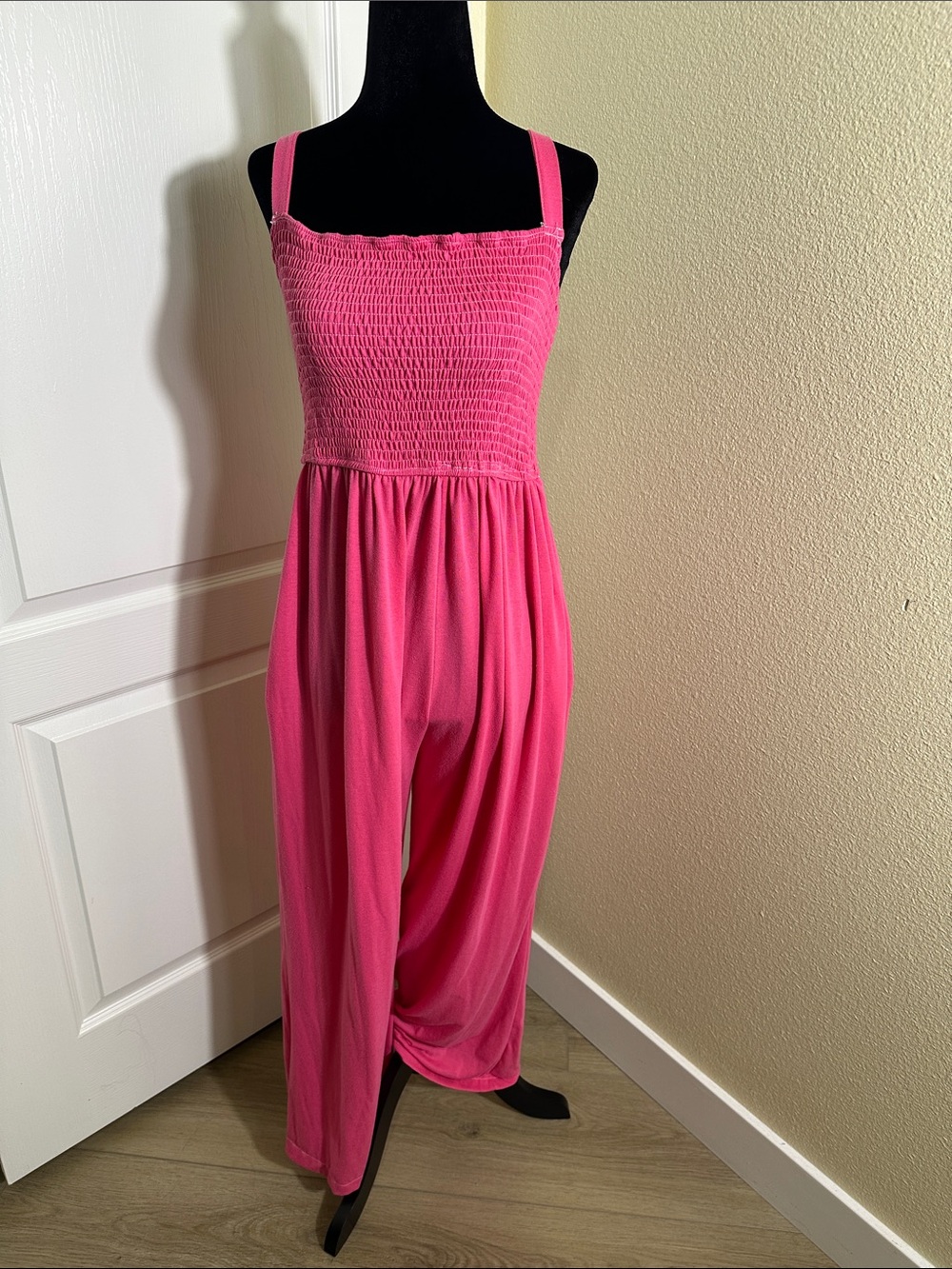 Womens Pink Smocked One-Piece Jumpsuit.
